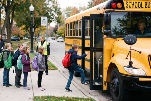 Children getting on the bus