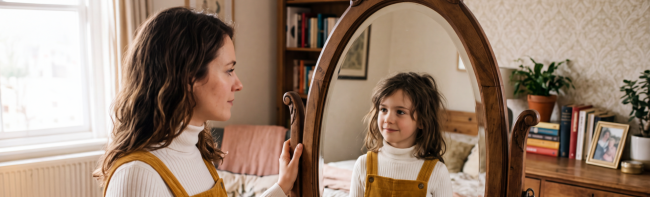 woman looking in mirror sees her child self 1920x1047 Inner child